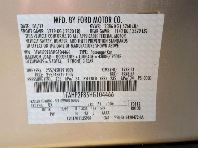 1FAHP2F85HG104466 - 2017 FORD TAURUS LIM SILVER photo 10