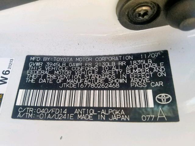 JTKDE167780262468 - 2008 TOYOTA SCION TC თეთრი ფოტო 10