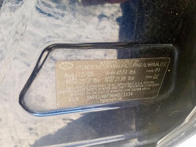 5NPEU46F96H023334 - 2006 HYUNDAI SONATA GLS BLUE photo 10