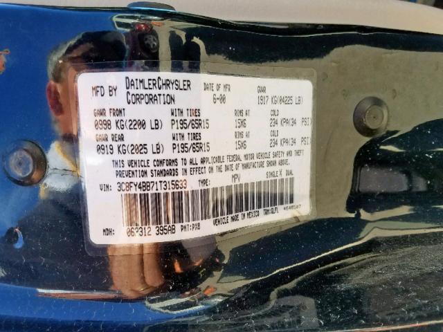 3C8FY4BB71T315633 - 2001 CHRYSLER PT CRUISER BLACK photo 10