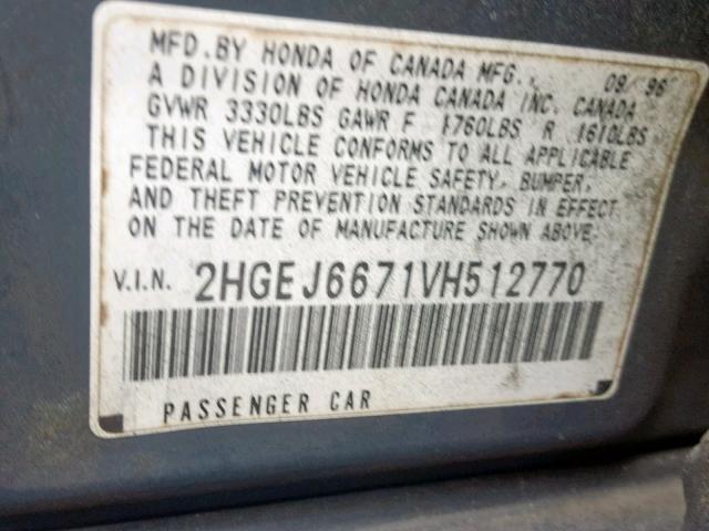 2HGEJ6671VH512770 - 1997 HONDA CIVIC LX BLUE photo 10