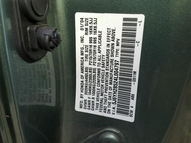 5J6YH28524L004797 - 2004 HONDA ELEMENT EX GREEN photo 10