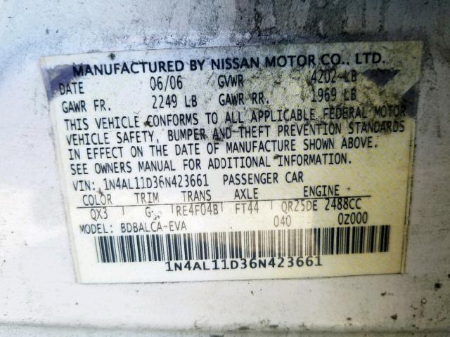 1N4AL11D36N423661 - 2006 NISSAN ALTIMA S WHITE photo 10