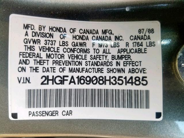 2HGFA16908H351485 - 2008 HONDA CIVIC EXL 灰色 照片 10