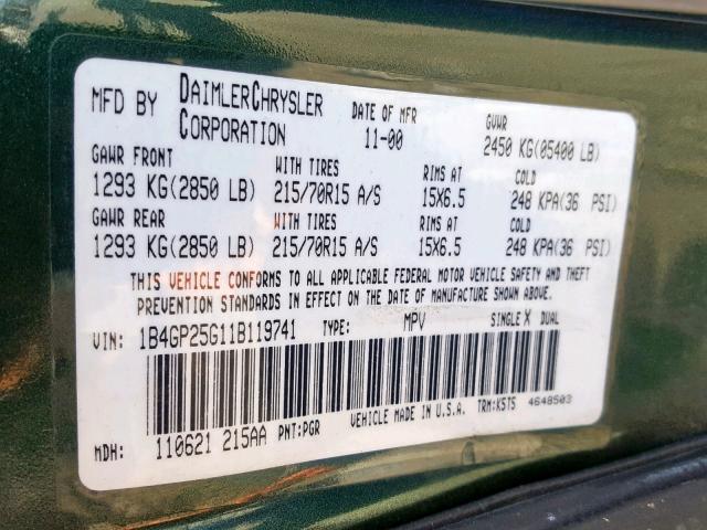 1B4GP25G11B119741 - 2001 DODGE CARAVAN SE GREEN photo 10