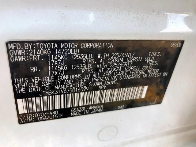 JTMBK31V675016599 - 2007 TOYOTA RAV4 LIMIT WHITE photo 9