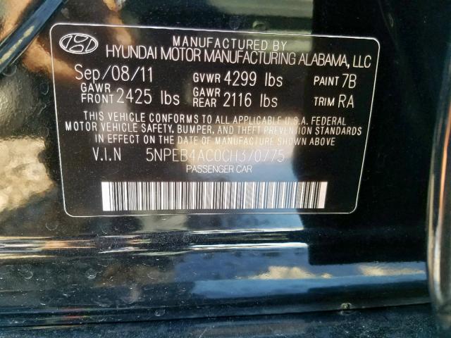 5NPEB4AC0CH370775 - 2012 HYUNDAI SONATA GLS BLACK photo 10