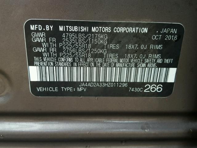 JA4AD2A33HZ011296 - 2017 MITSUBISHI OUTLANDER GRAY photo 10