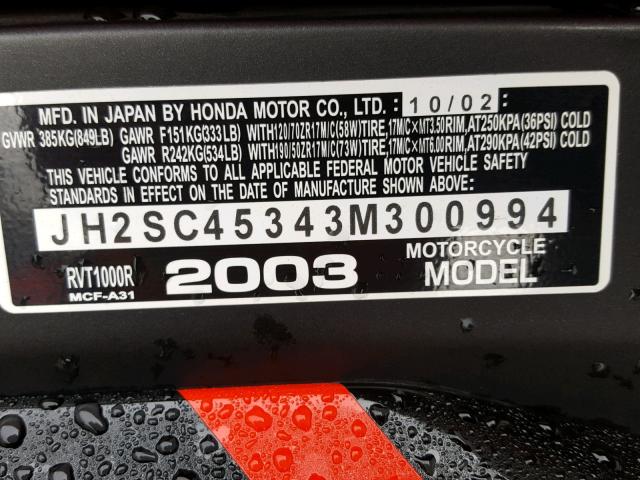 JH2SC45343M300994 - 2003 HONDA RVT1000 R RED photo 10