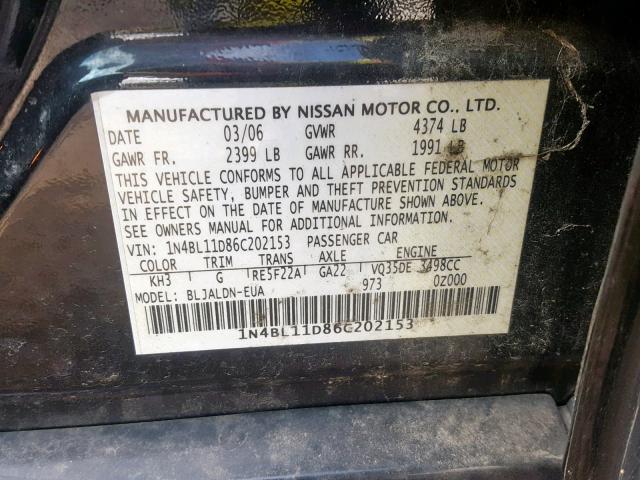 1N4BL11D86C202153 - 2006 NISSAN ALTIMA SE BLACK photo 10