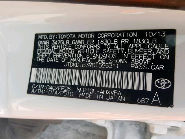 JTDKDTB39D1555311 - 2013 TOYOTA PRIUS C WHITE photo 10