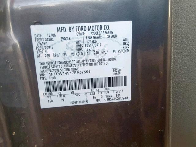 1FTPW14V17FA57551 - 2007 FORD F150 SUPER GRAY photo 10