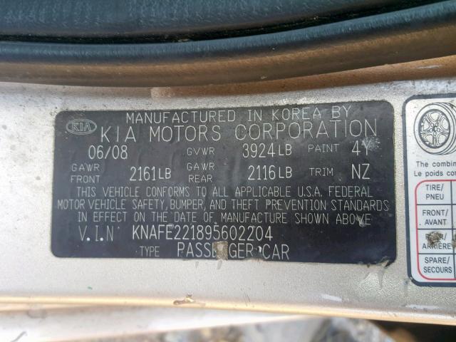 KNAFE221895602204 - 2009 KIA SPECTRA EX BLACK photo 10