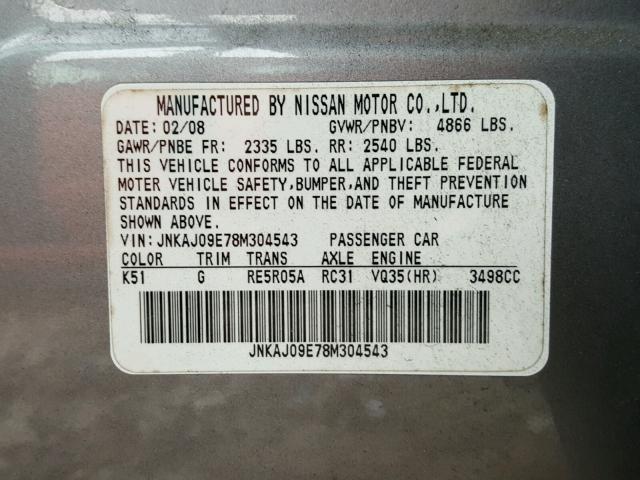 JNKAJ09E78M304543 - 2008 INFINITI EX35 BASE GRAY photo 10