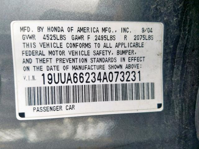 19UUA66234A073231 - 2004 ACURA TL GRAY photo 10