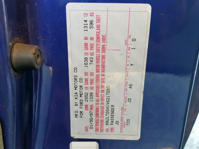 KNJLT05H1V6217285 - 1997 FORD ASPIRE BLUE photo 10