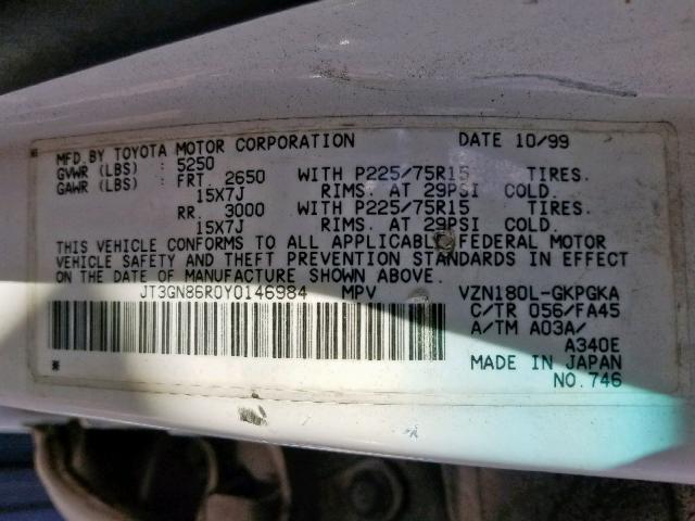 JT3GN86R0Y0146984 - 2000 TOYOTA 4RUNNER SR WHITE photo 10