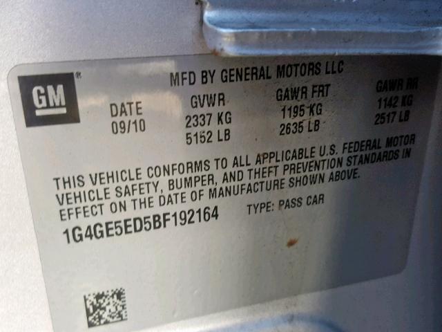 1G4GE5ED5BF192164 - 2011 BUICK LACROSSE C SILVER photo 10
