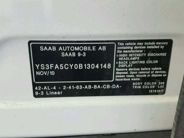 YS3FA5CY0B1304148 - 2011 SAAB 9-3 2.0T WHITE photo 10