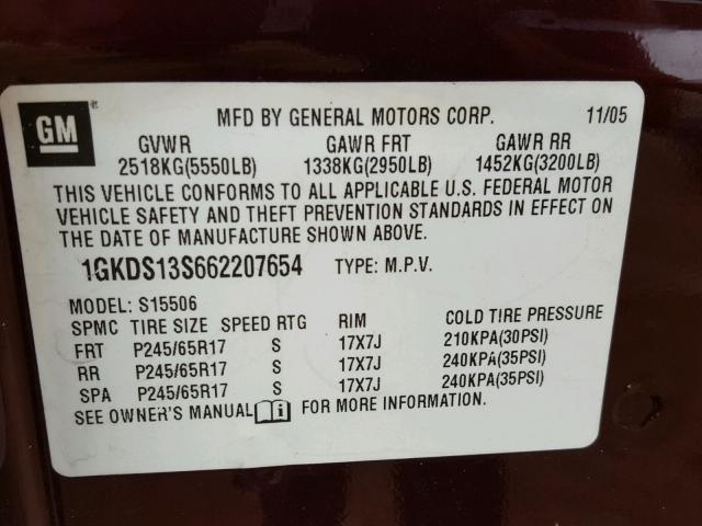 1GKDS13S662207654 - 2006 GMC ENVOY MAROON photo 10