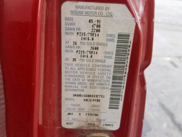 1N6HD16S0MC397751 - 1991 NISSAN TRUCK KING RED photo 10