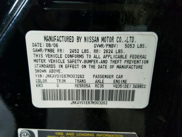 JNKAY01E87M303262 - 2007 INFINITI M35 BASE BLACK photo 10