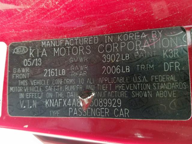 KNAFX4A87E5089929 - 2014 KIA FORTE EX RED photo 10