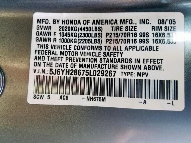 5J6YH28675L029267 - 2005 HONDA ELEMENT EX GRAY photo 10