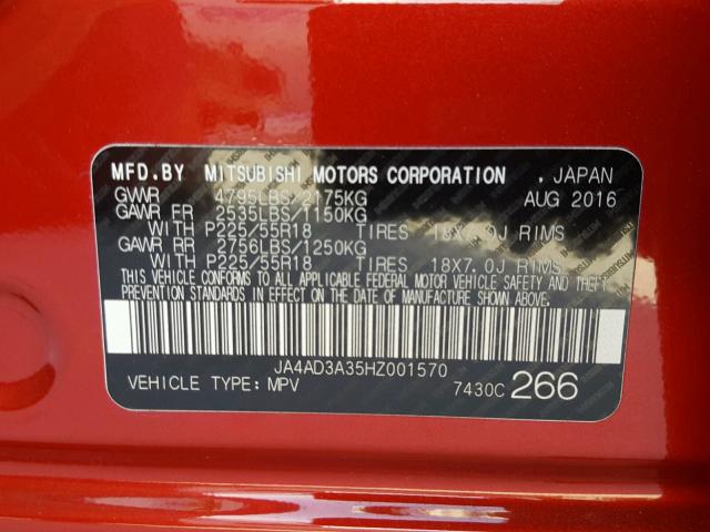 JA4AD3A35HZ001570 - 2017 MITSUBISHI OUTLANDER RED photo 10