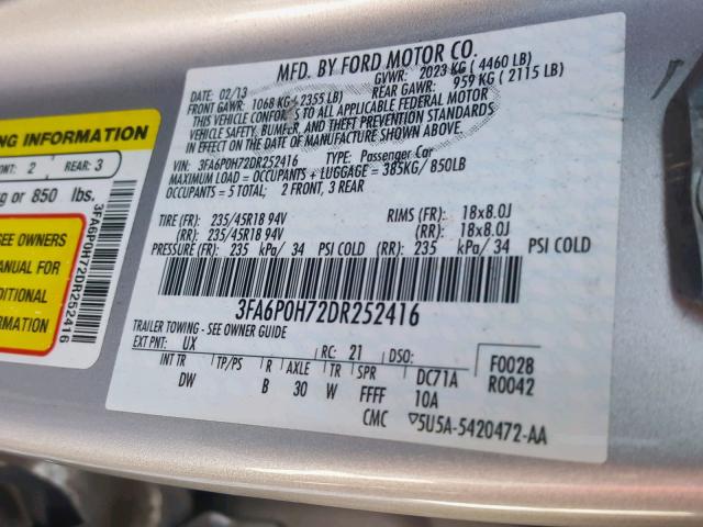 3FA6P0H72DR252416 - 2013 FORD FUSION SE SILVER photo 10