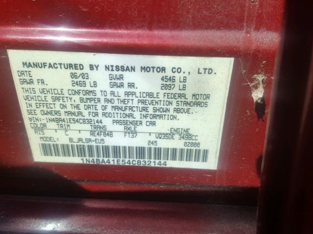 1N4BA41E54C832144 - 2004 NISSAN MAXIMA SE RED photo 10