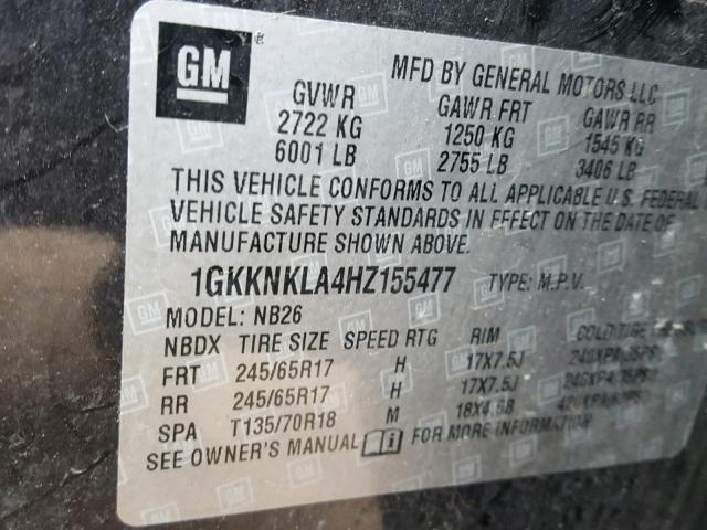 1GKKNKLA4HZ155477 - 2017 GMC ACADIA SLE CHARCOAL photo 10