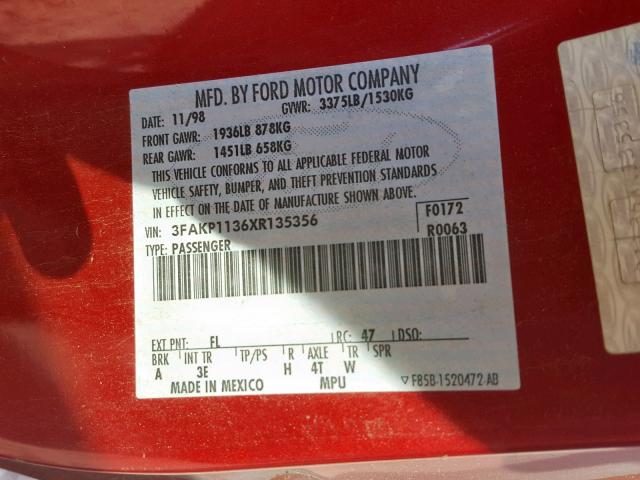 3FAKP1136XR135356 - 1999 FORD ESCORT ZX2 RED photo 10