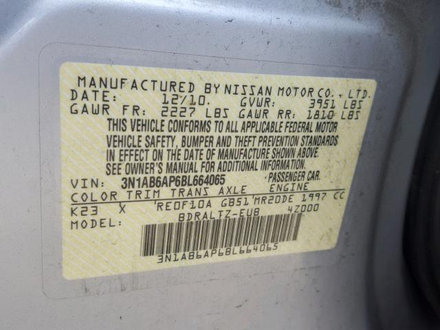 3N1AB6AP6BL664065 - 2011 NISSAN SENTRA 2.0 SILVER photo 10