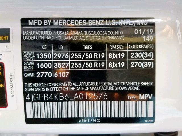 4JGFB4KB6LA012576 - 2020 MERCEDES-BENZ GLE 350 4M WHITE photo 10