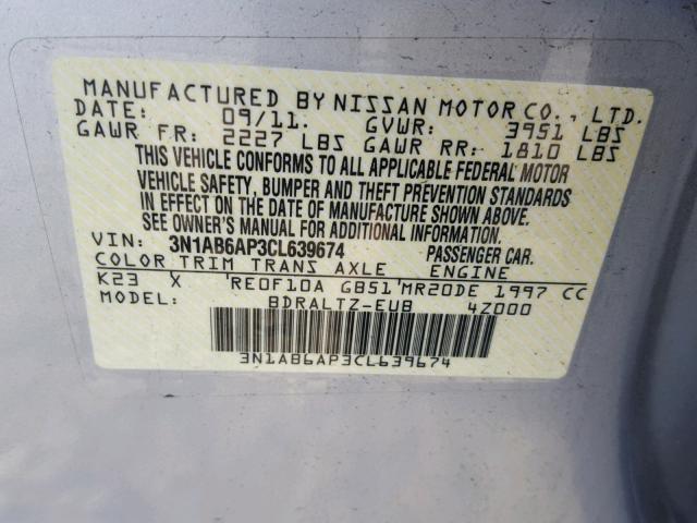 3N1AB6AP3CL639674 - 2012 NISSAN SENTRA 2.0 SILVER photo 10