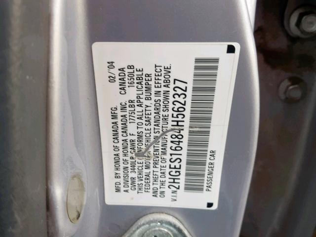 2HGES16484H562327 - 2004 HONDA CIVIC DX SILVER photo 10