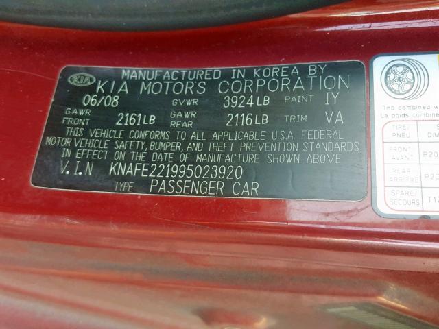 KNAFE221995023920 - 2009 KIA SPECTRA EX RED photo 10