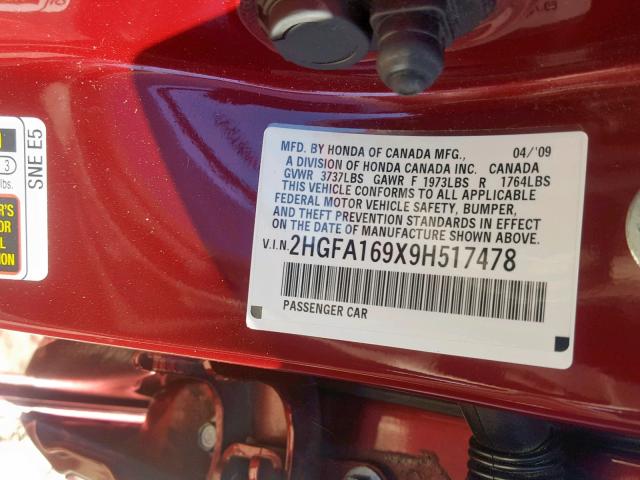 2HGFA169X9H517478 - 2009 HONDA CIVIC EXL 勃艮第红 照片 10