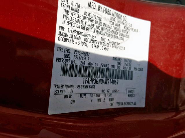 1FAHP3GN0AW214069 - 2010 FORD FOCUS SES RED photo 10