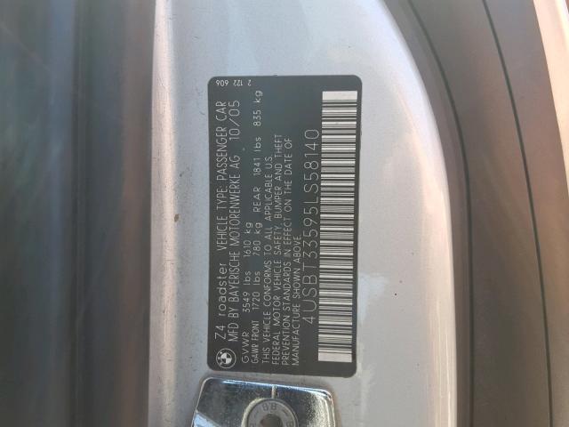 4USBT33595LS58140 - 2005 BMW Z4 2.5 SILVER photo 10