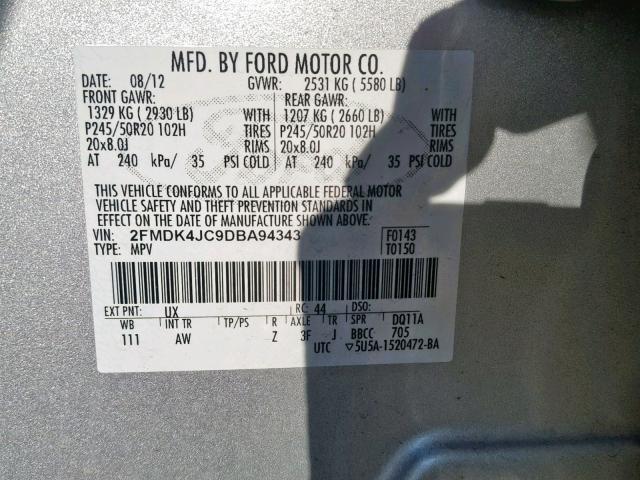 2FMDK4JC9DBA94343 - 2013 FORD EDGE SEL SILVER photo 10