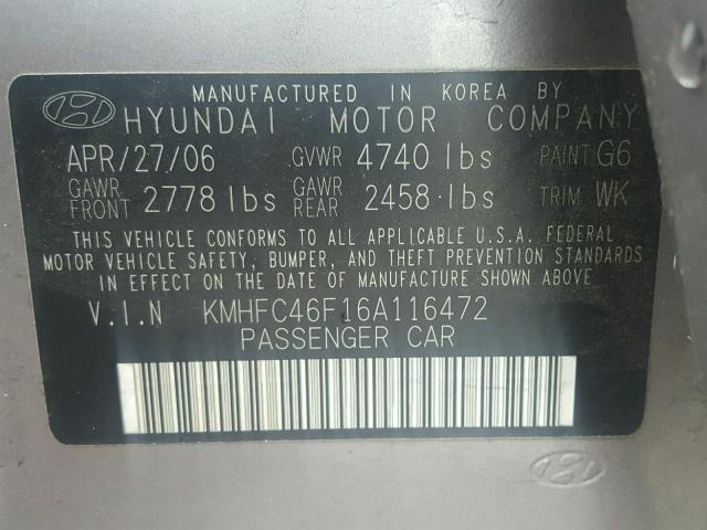 KMHFC46F16A116472 - 2006 HYUNDAI AZERA SE GRAY photo 10