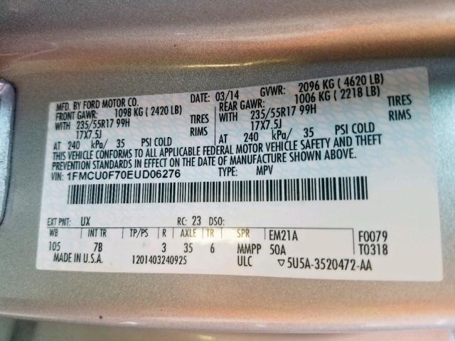 1FMCU0F70EUD06276 - 2014 FORD ESCAPE S SILVER photo 10