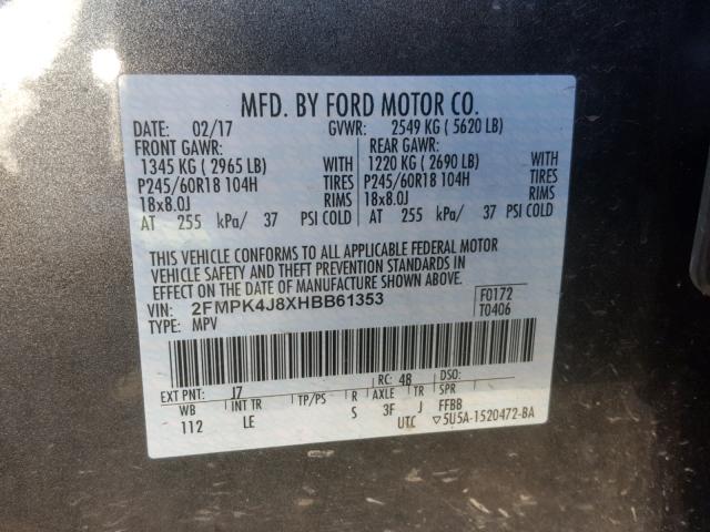 2FMPK4J8XHBB61353 - 2017 FORD EDGE SEL GRAY photo 10