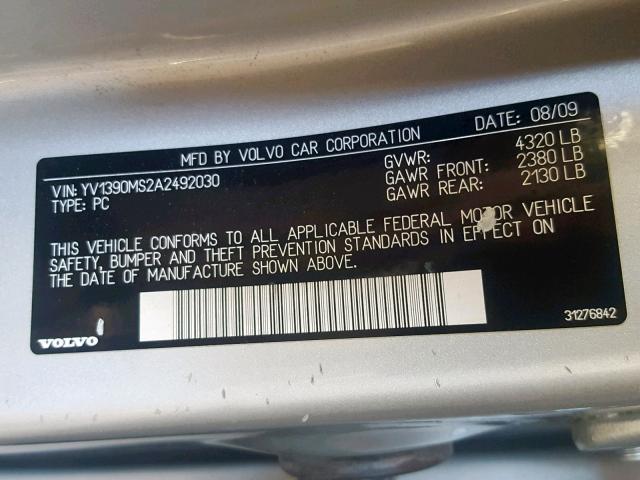 YV1390MS2A2492030 - 2010 VOLVO S40 2.4I SILVER photo 10