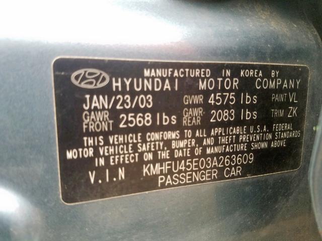 KMHFU45E03A263609 - 2003 HYUNDAI XG 350 BLUE photo 10