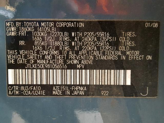 JTLKE50E981056516 - 2008 TOYOTA SCION TEAL photo 10