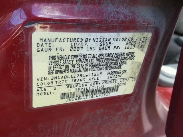 3N1AB61E78L641515 - 2008 NISSAN SENTRA 2.0 RED photo 10