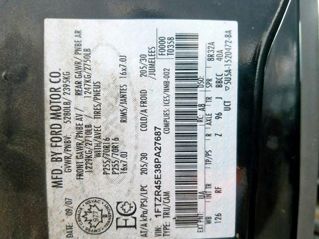 1FTZR45E38PA27687 - 2008 FORD RANGER SUP BLACK photo 10